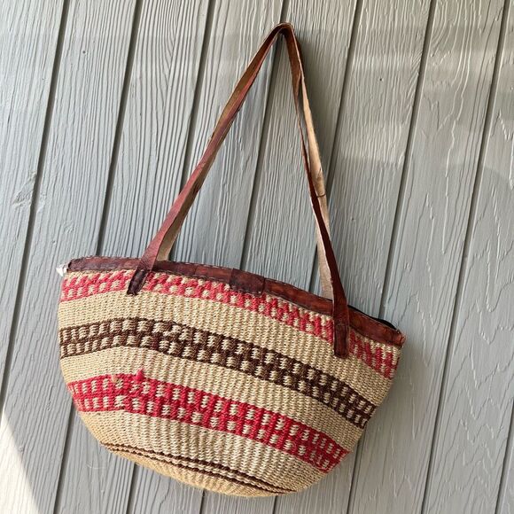 VTG Handwoven Sisal Tote Bag Leather Handles Boho Market Beach Purse - Picture 6 of 10